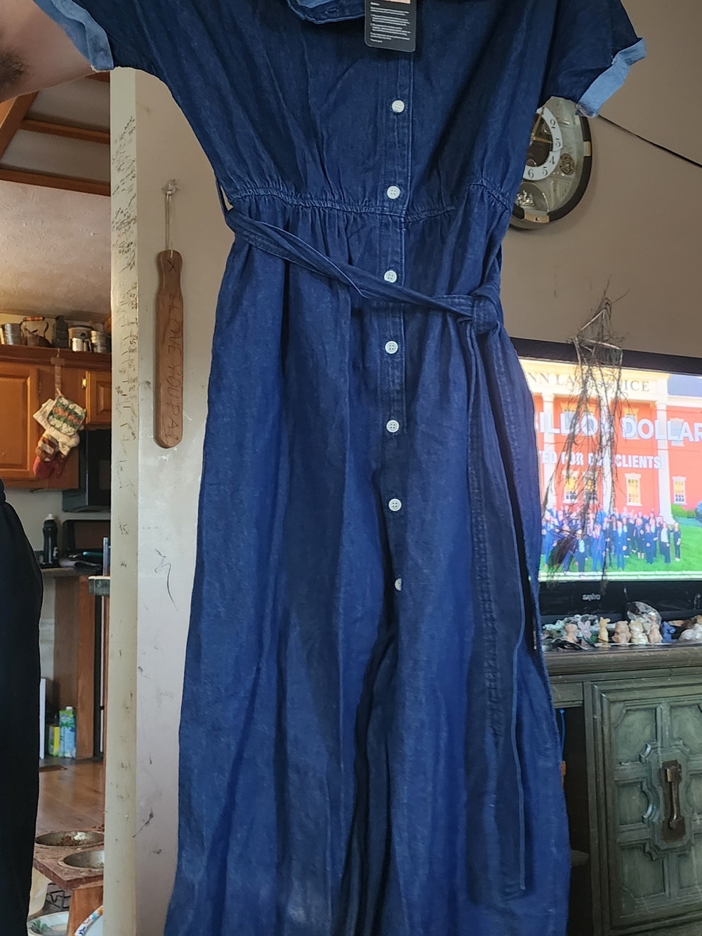 Button-Front Dark Blue Denim Shirt Dress with Waist Tie